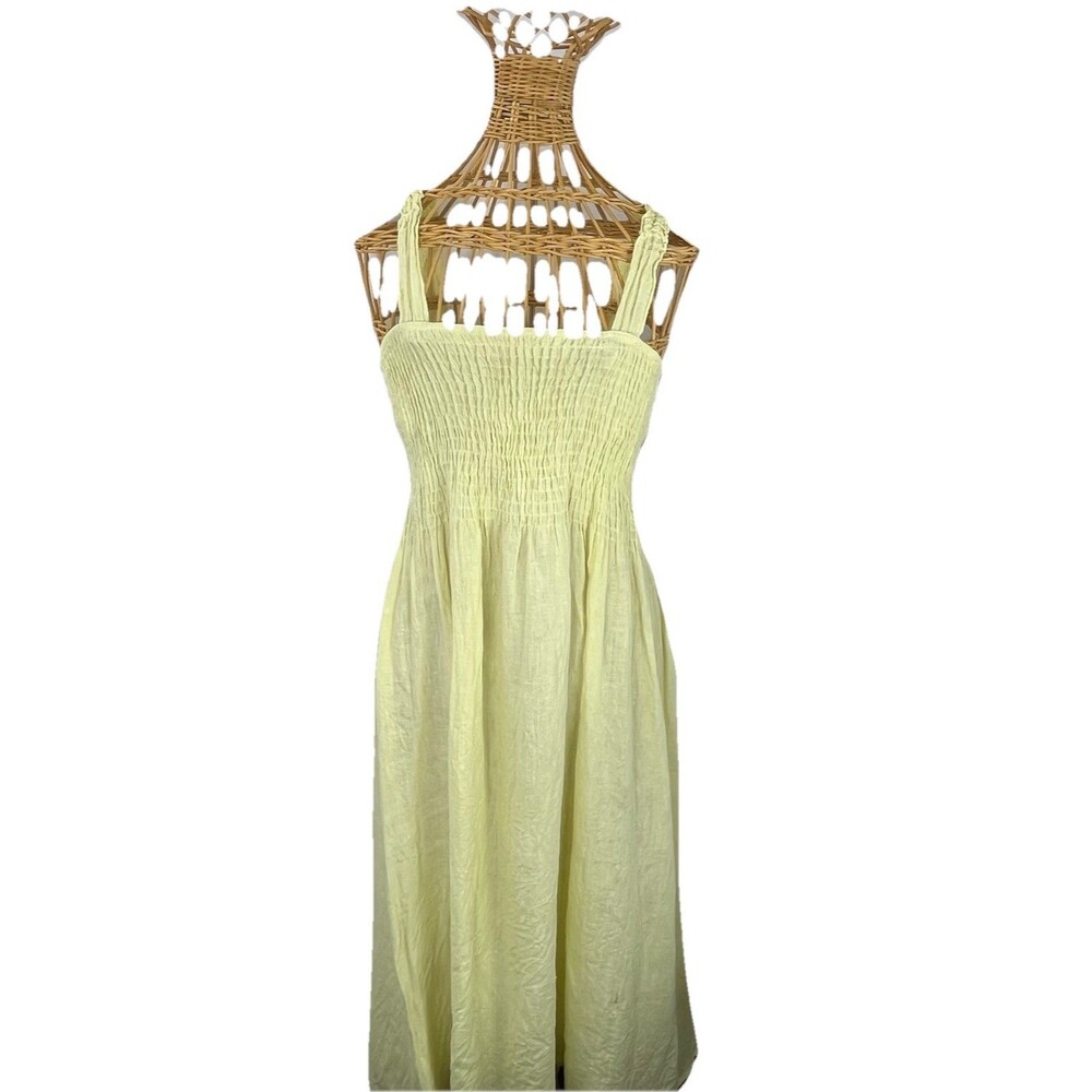 Made in Italy Linen Midi Dress Women Yellow Smocked Boho Sundress Size M - Picture 9 of 16